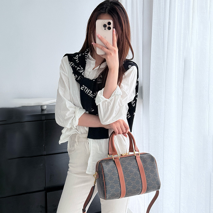 celine triomphe canvas leather boston handbag